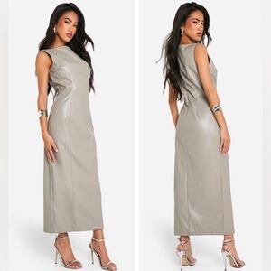 Boohoo Faux Leather Bodycon Slash Neck Sleeveless Midaxi Gray Dress size 12 NWT